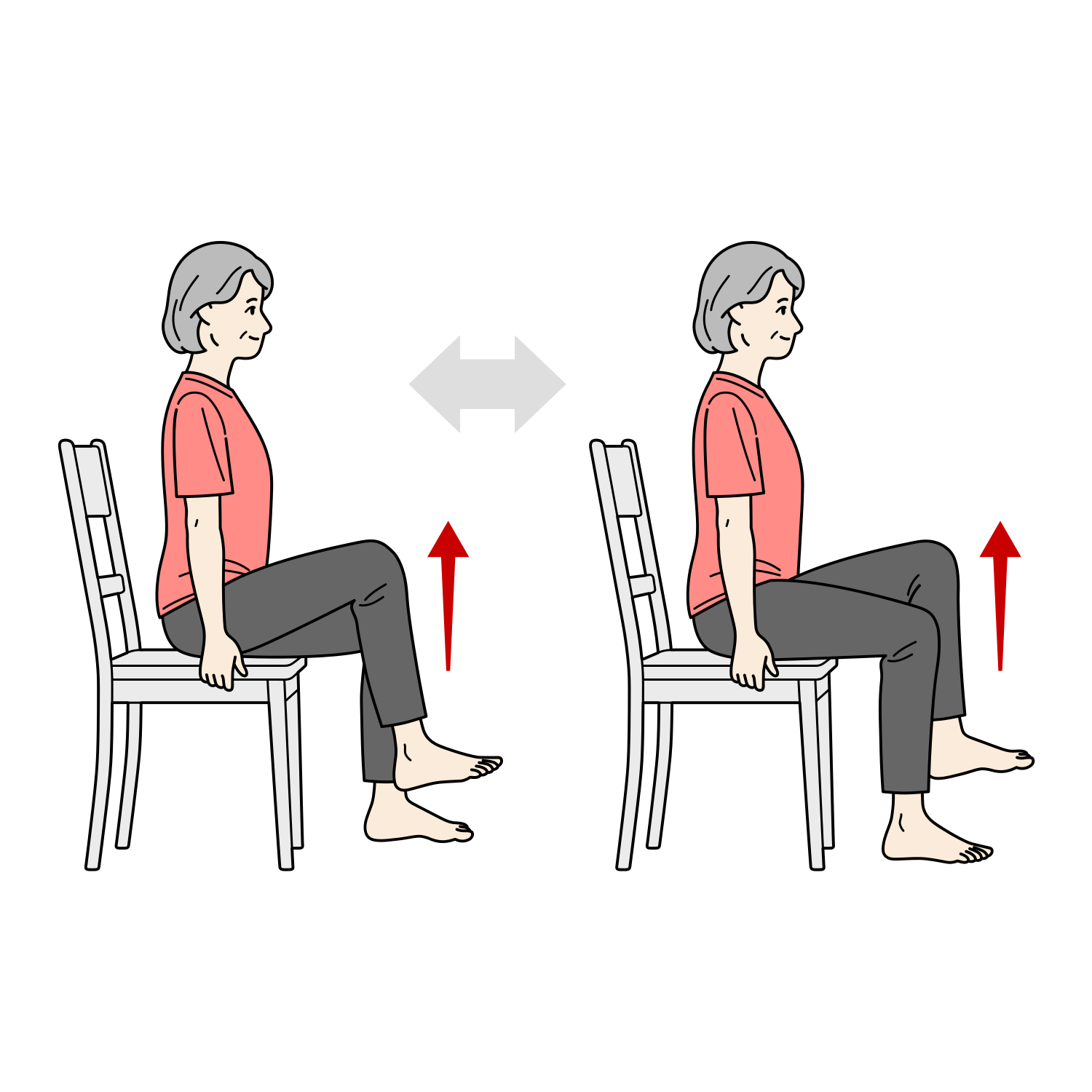 椅子に座ってもも上げ運動をするシニア女性のイラスト（下肢筋力強化・座位）