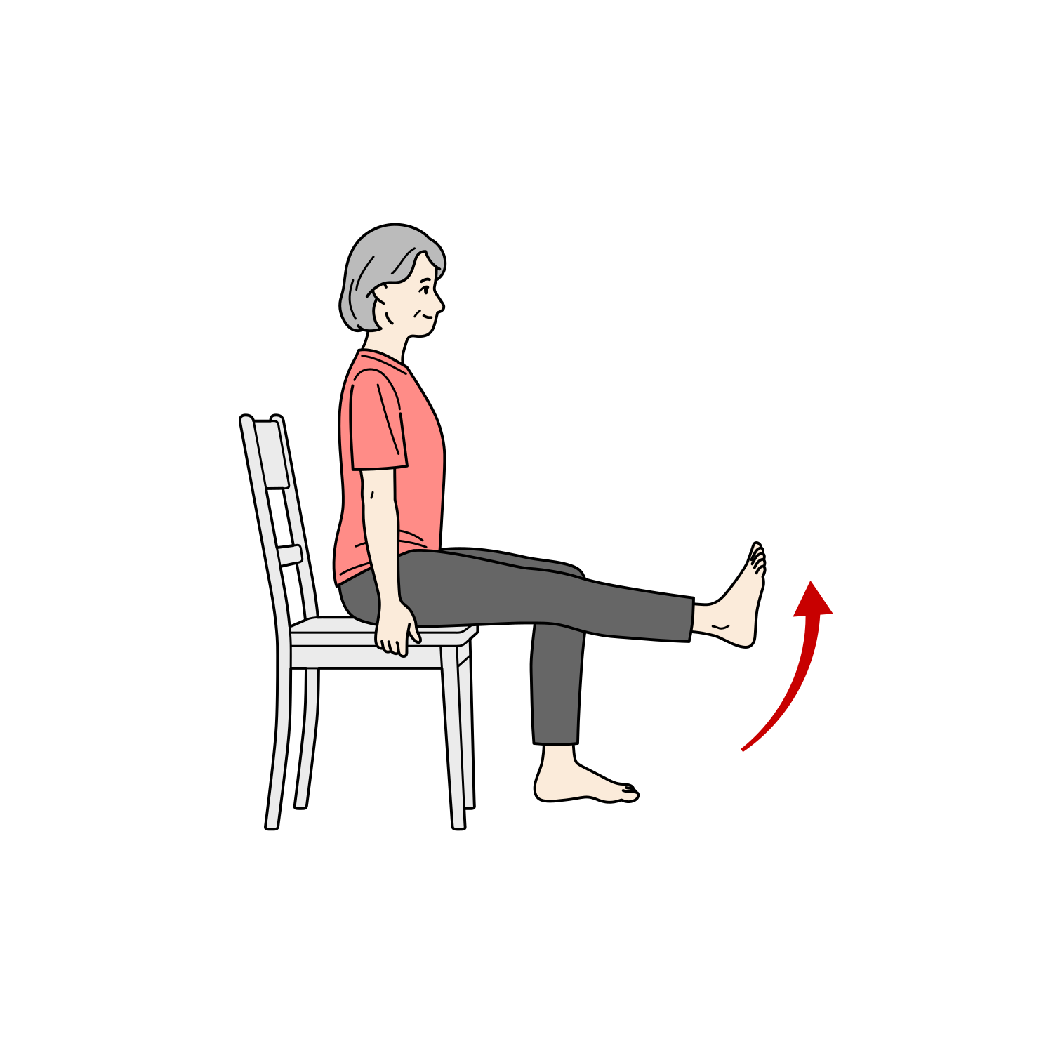 椅子に座ってひざ伸ばし運動をするシニア女性のイラスト（下肢筋力強化・座位）