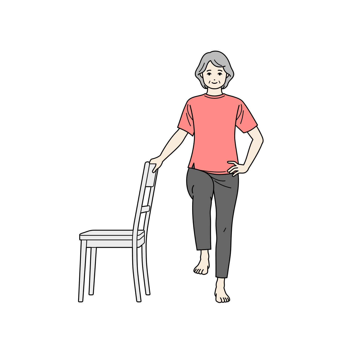 片足立ちをするシニア女性のイラスト（バランス運動）