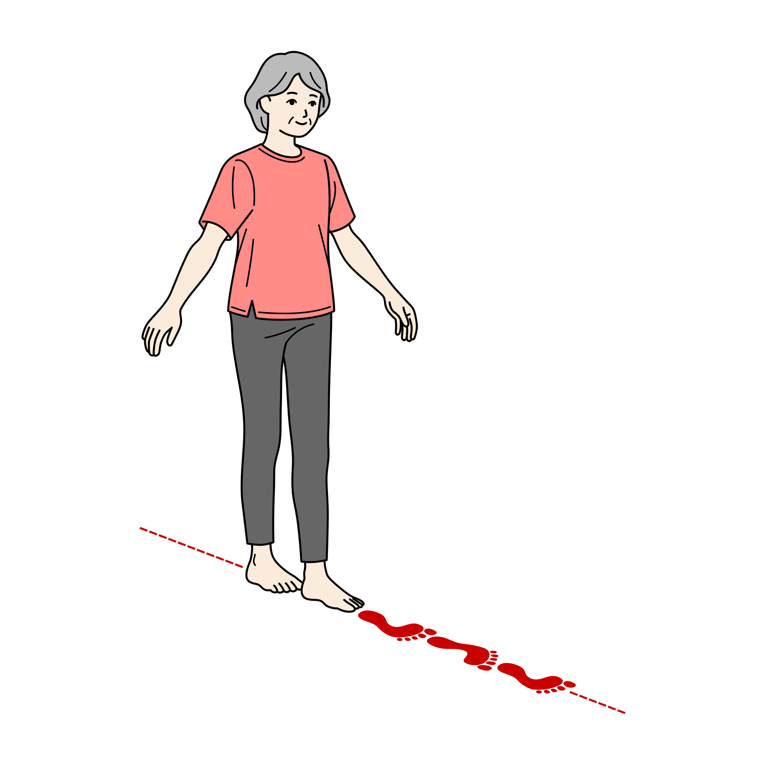 つぎ足歩行（タンデム歩行）をするシニア女性のイラスト（バランス運動）