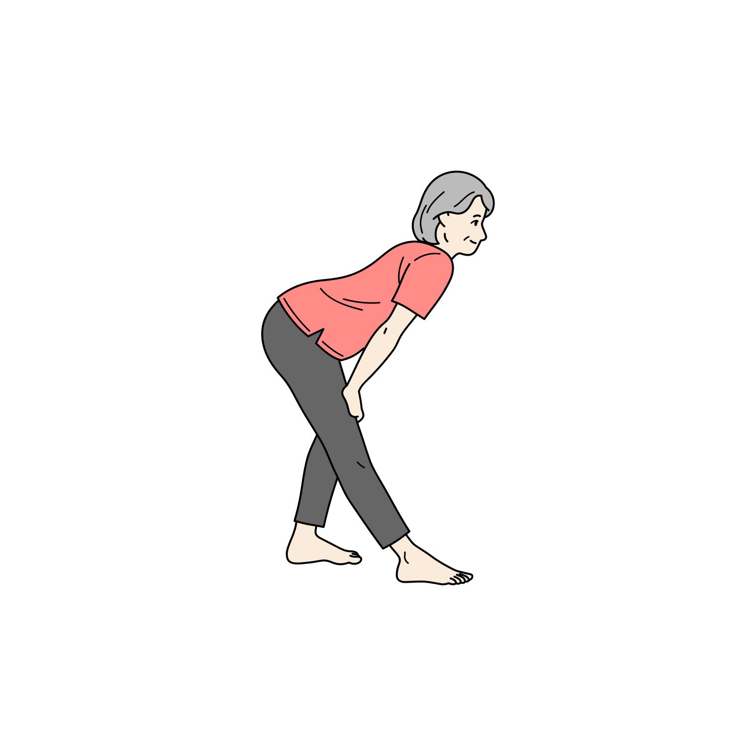 太もも裏（ハムストリング）のストレッチをするシニア女性のイラスト（ストレッチ）