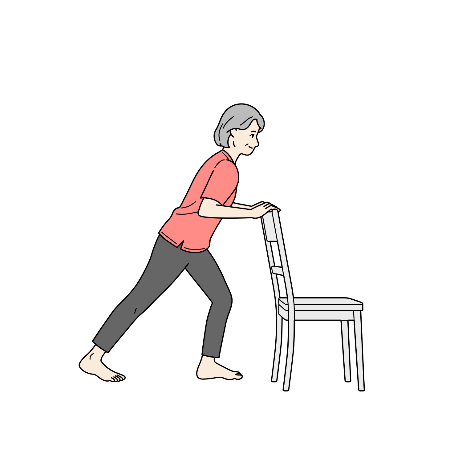 ふくらはぎのストレッチをするシニア女性のイラスト（ストレッチ）