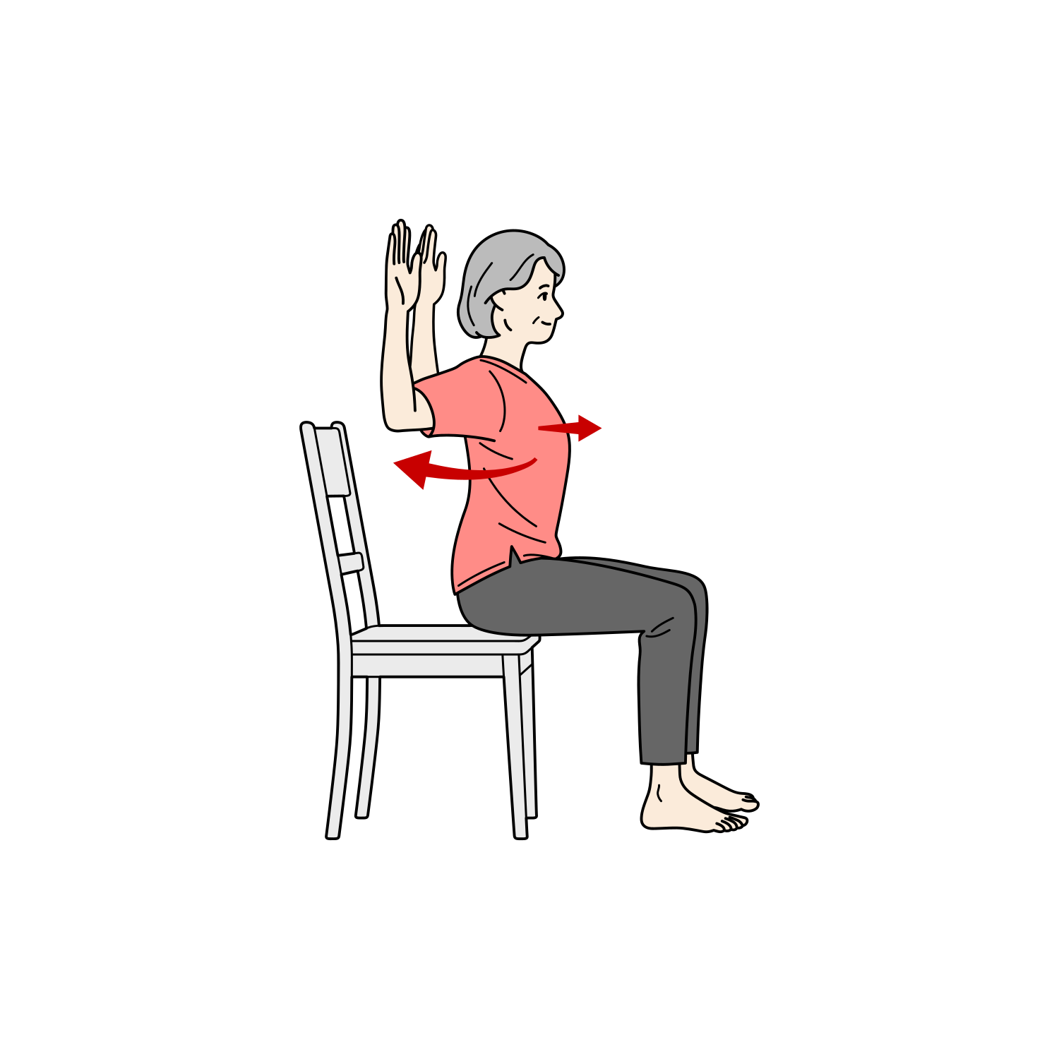 椅子に座って胸を開く運動（肩甲骨寄せ）をするシニア女性のイラスト（準備運動・座位）