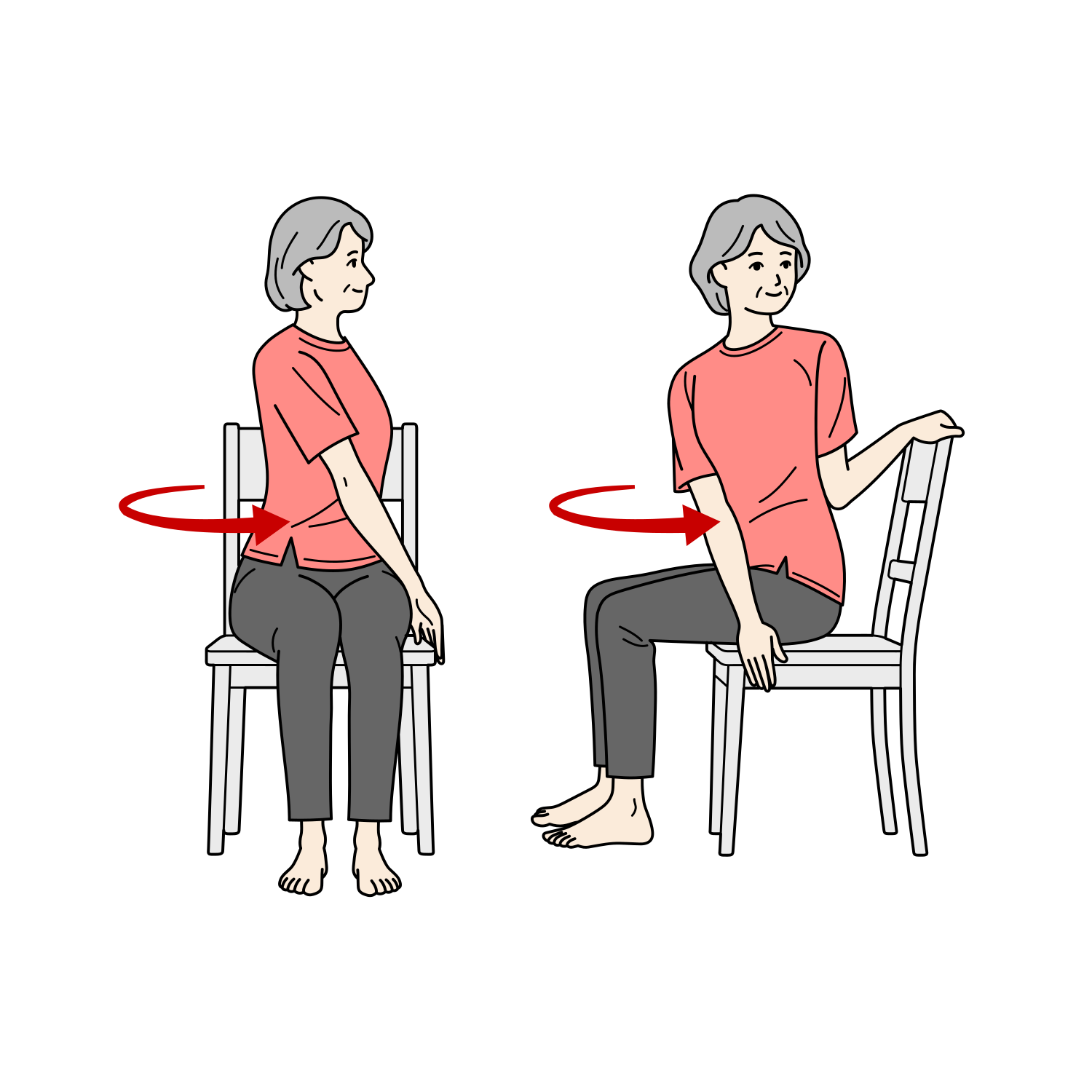 椅子に座って体幹ひねりのストレッチをするシニア女性のイラスト（準備運動・座位）