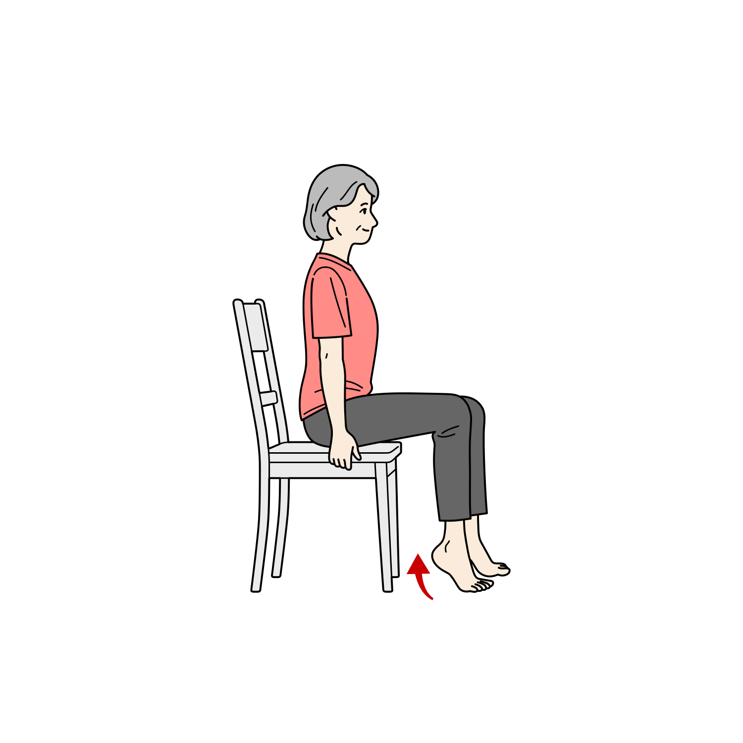 椅子に座ってかかと上げ運動をするシニア女性のイラスト（下肢筋力強化・座位）