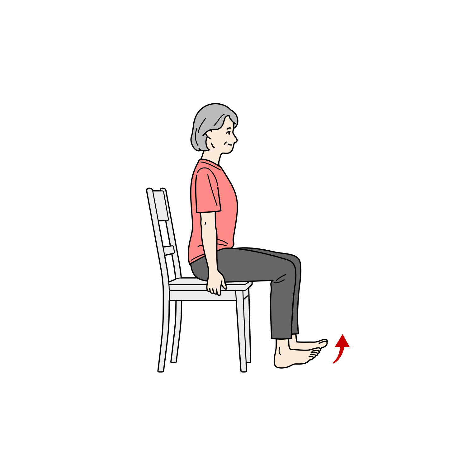 椅子に座ってつま先上げ運動をするシニア女性のイラスト（下肢筋力強化・座位）