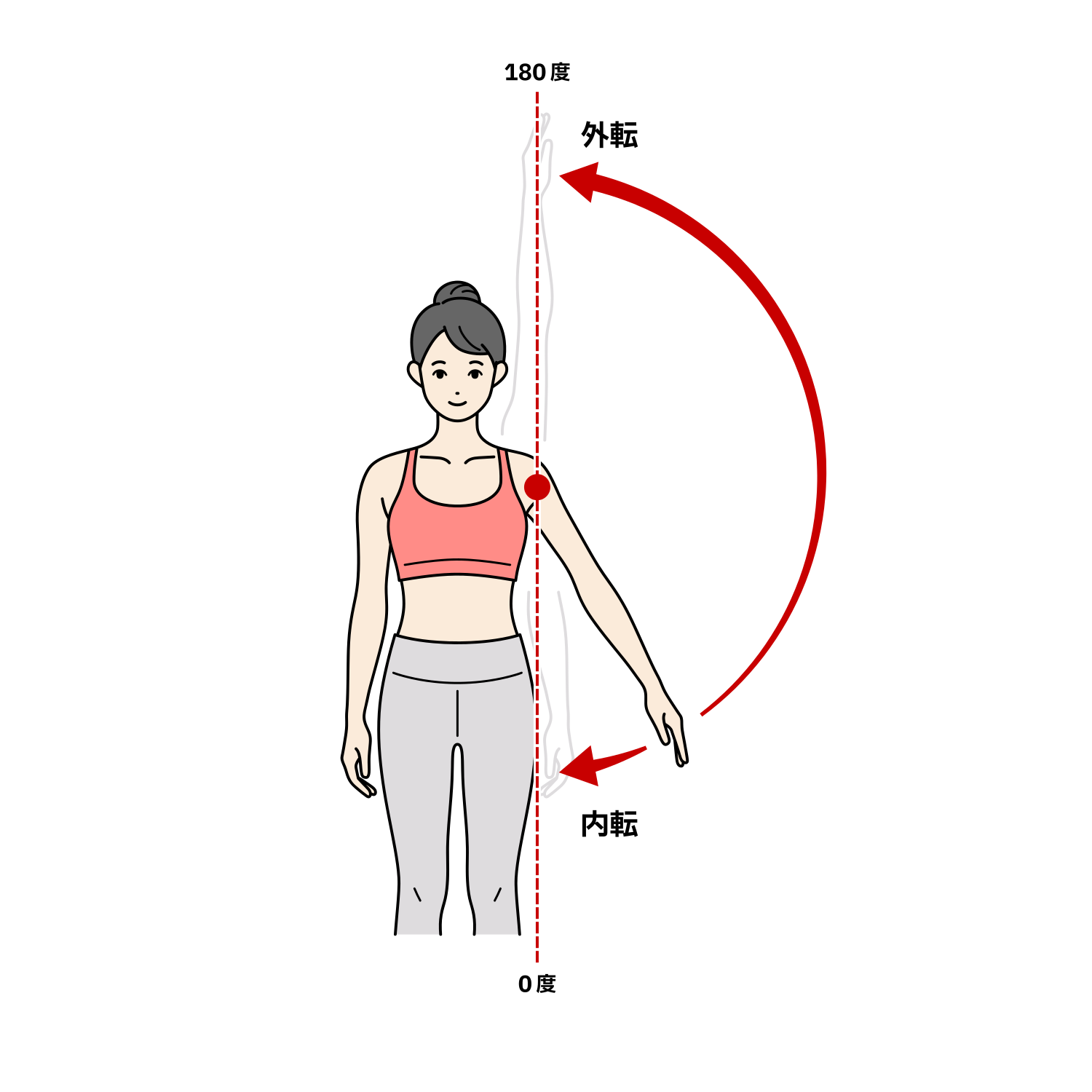 肩関節の外転・内転の可動域イラスト（ROM・成人女性）