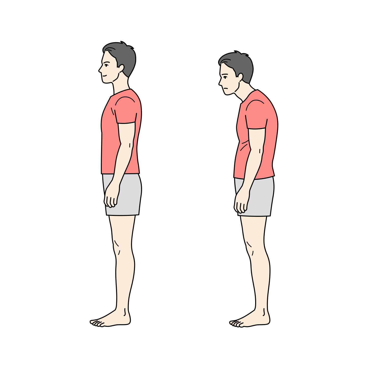 正しい立ち姿勢と猫背の比較イラスト（成人男性）