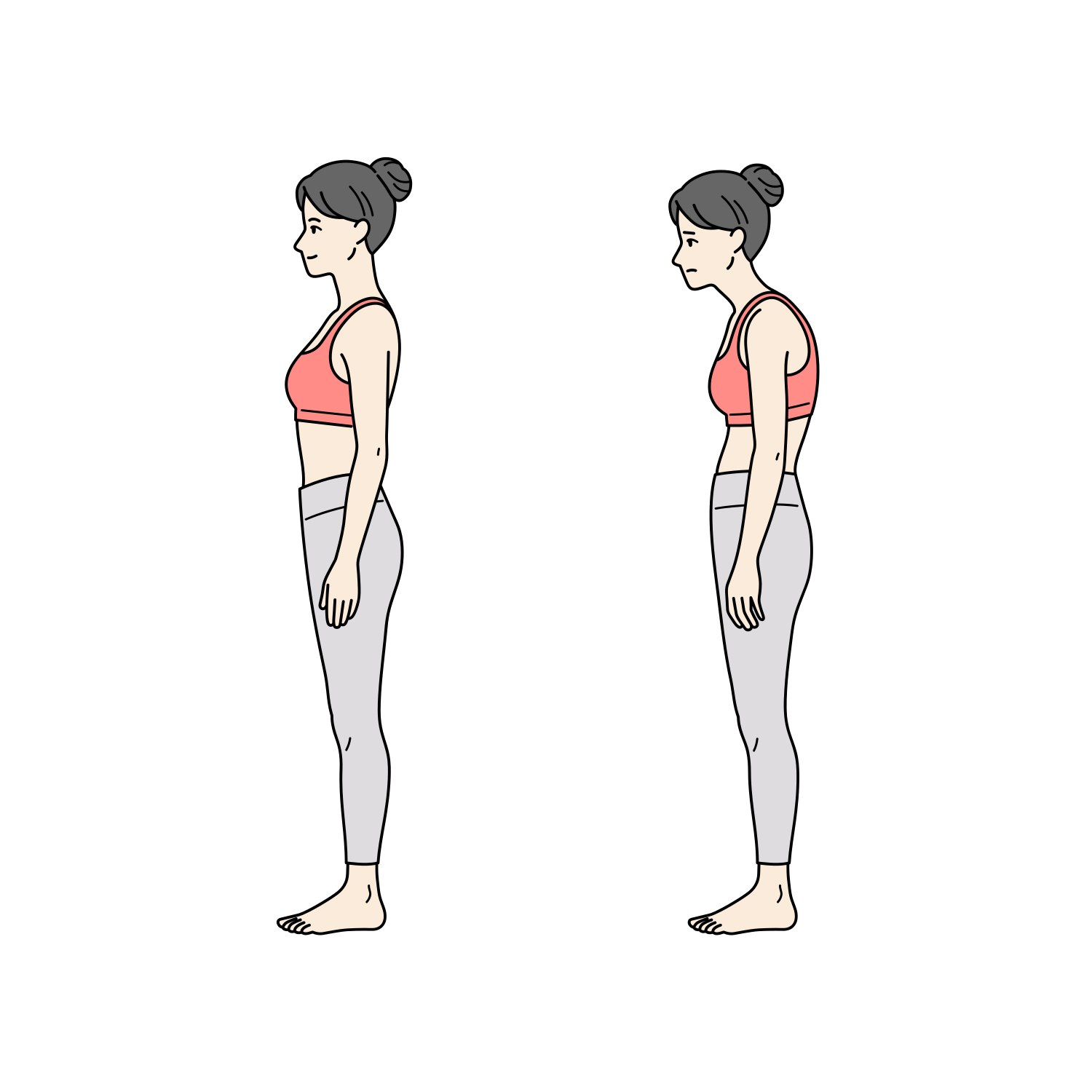 正しい立ち姿勢と猫背の比較イラスト（成人女性）