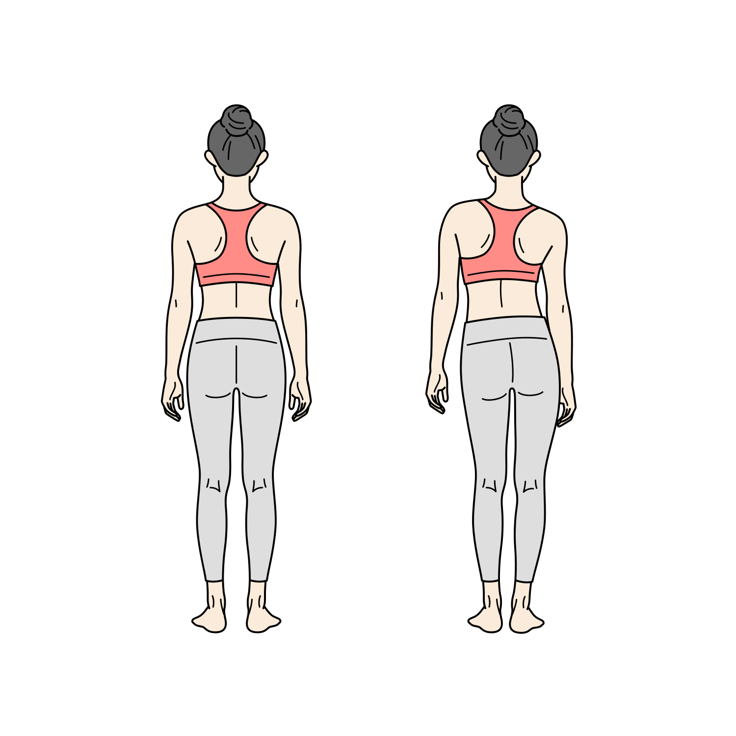 正しい立ち姿勢と歪みのある姿勢の比較イラスト（成人女性）