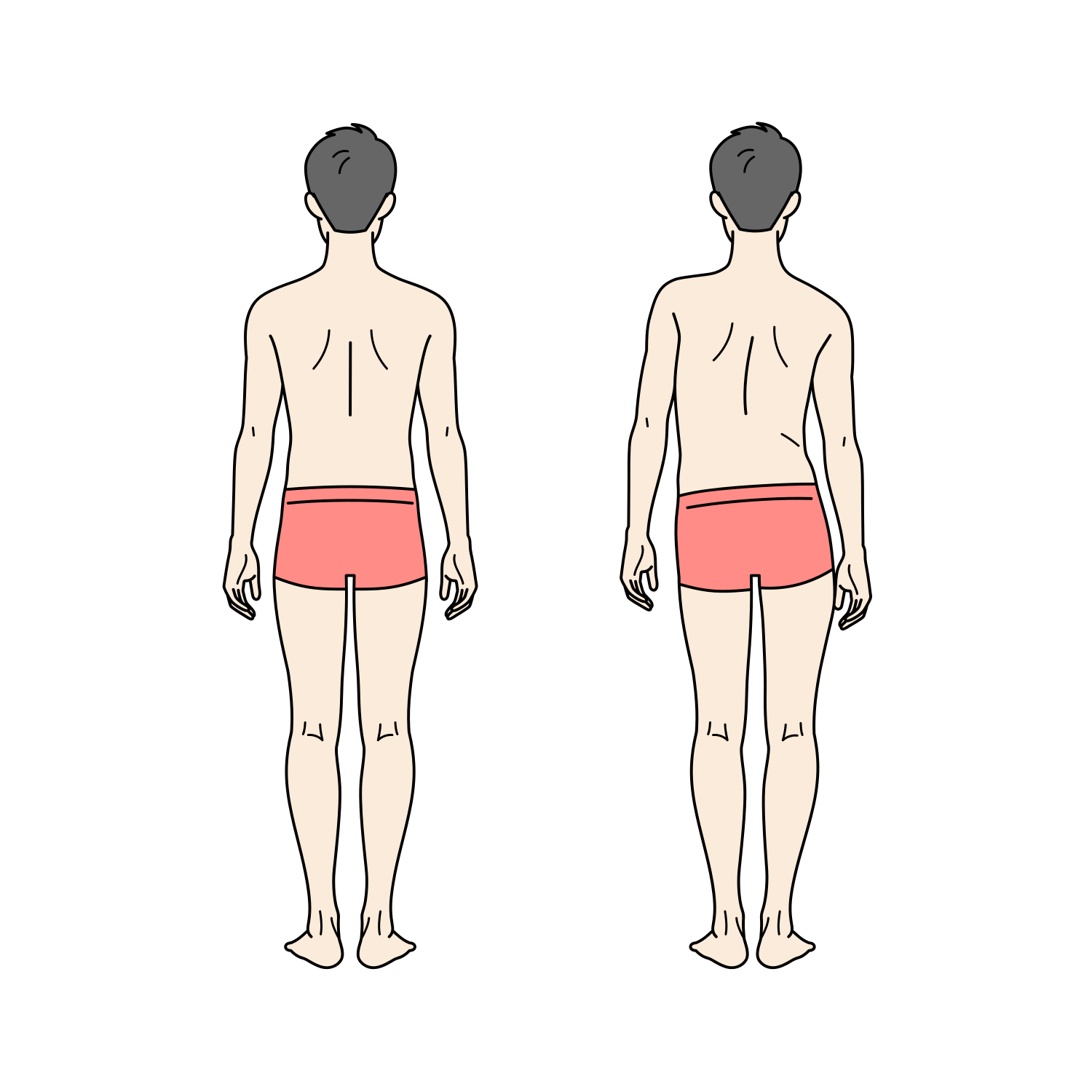 正しい立ち姿勢と歪みのある姿勢の比較イラスト（成人男性・下着）