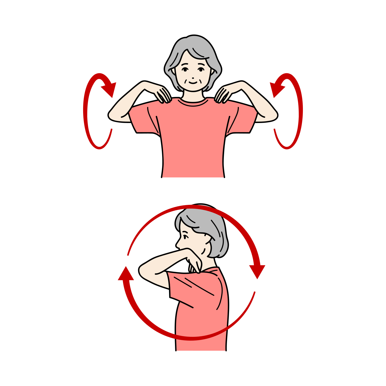 肩回しをするシニア女性のイラスト（準備運動）