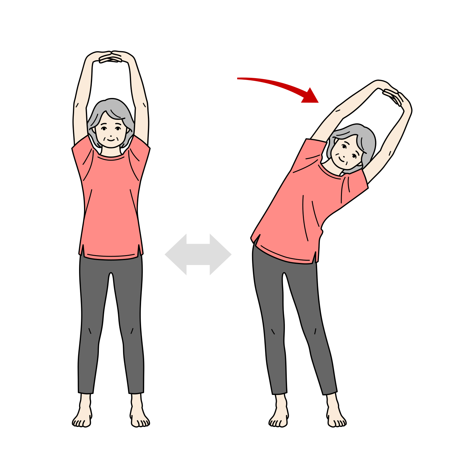 体側伸ばしのストレッチをするシニア女性のイラスト（準備運動）