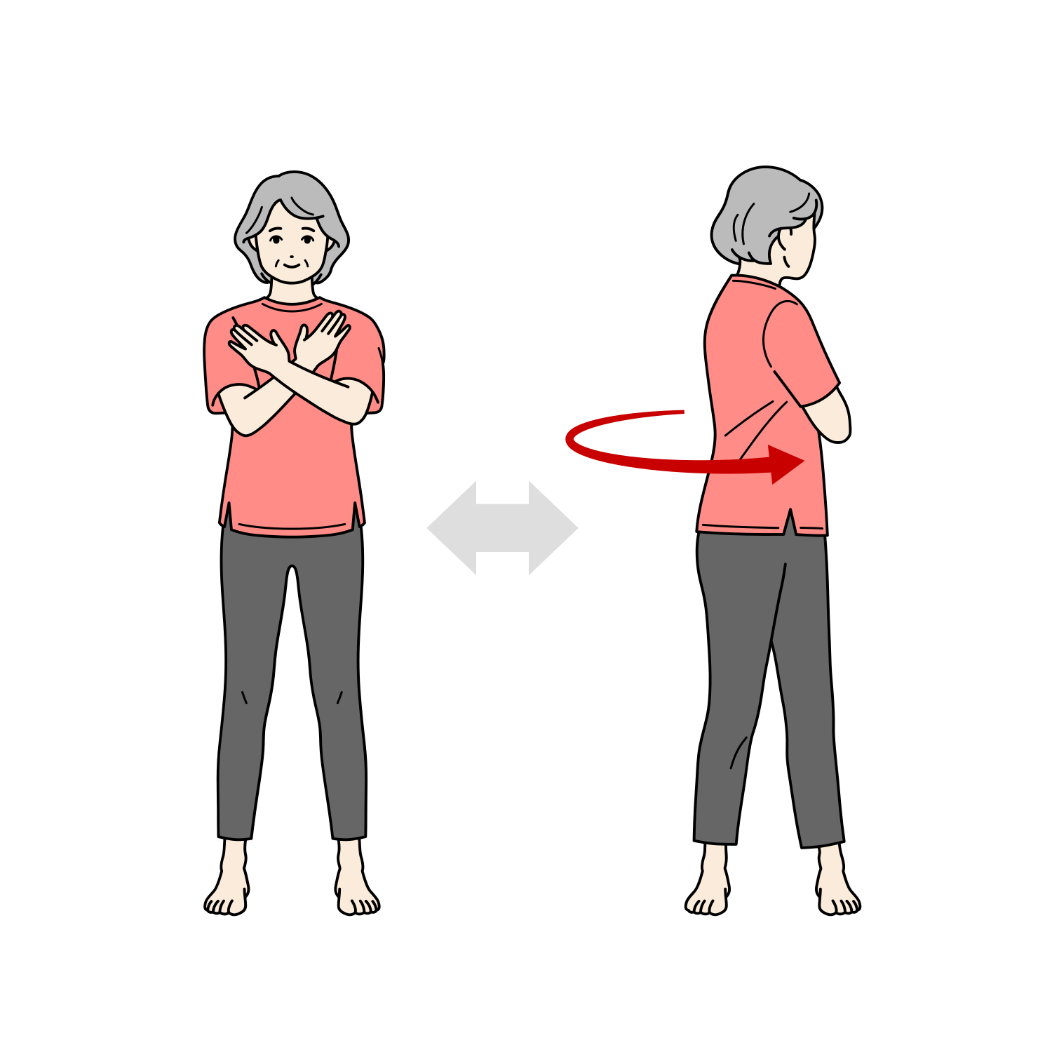 体幹ひねりのストレッチをするシニア女性のイラスト（準備運動）