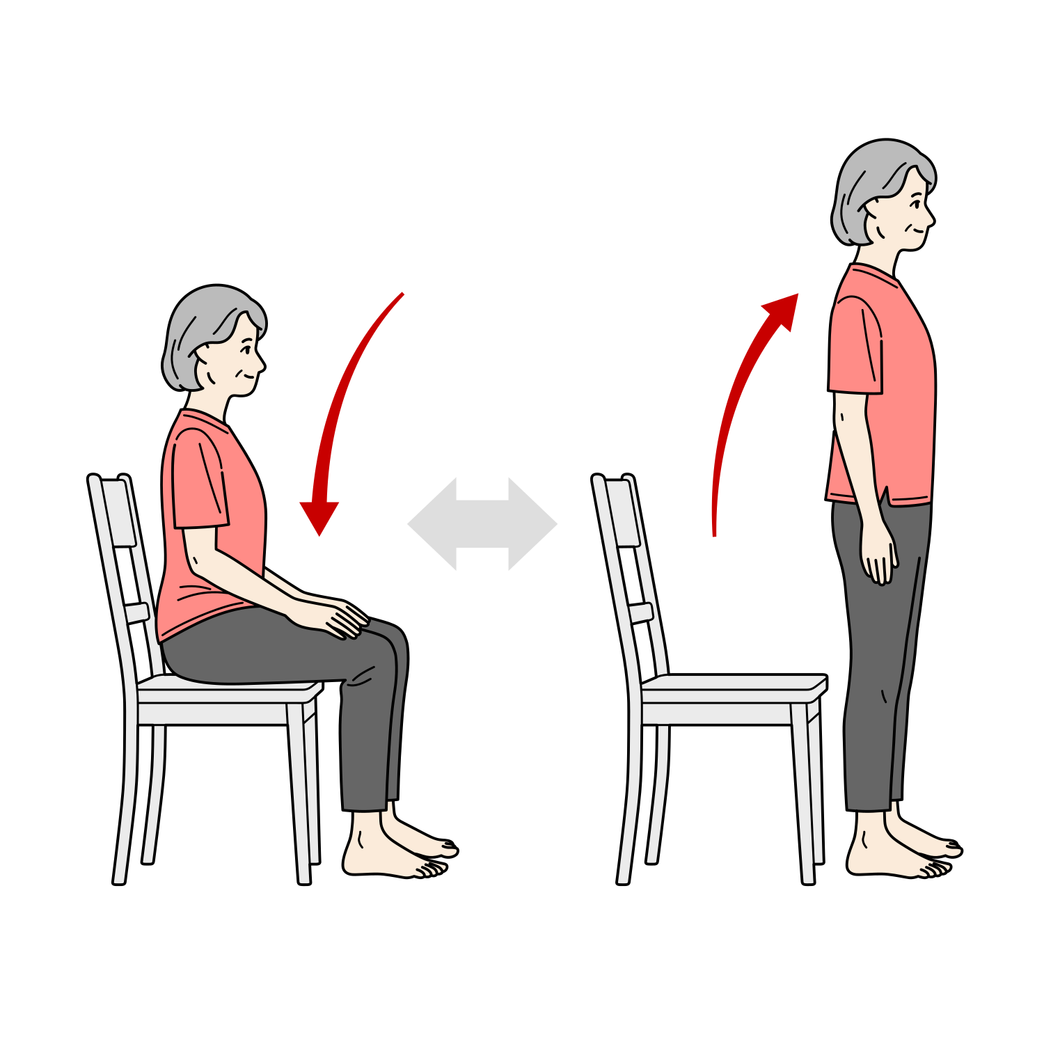 椅子からの立ち座り運動をするシニア女性のイラスト（下肢筋力強化）