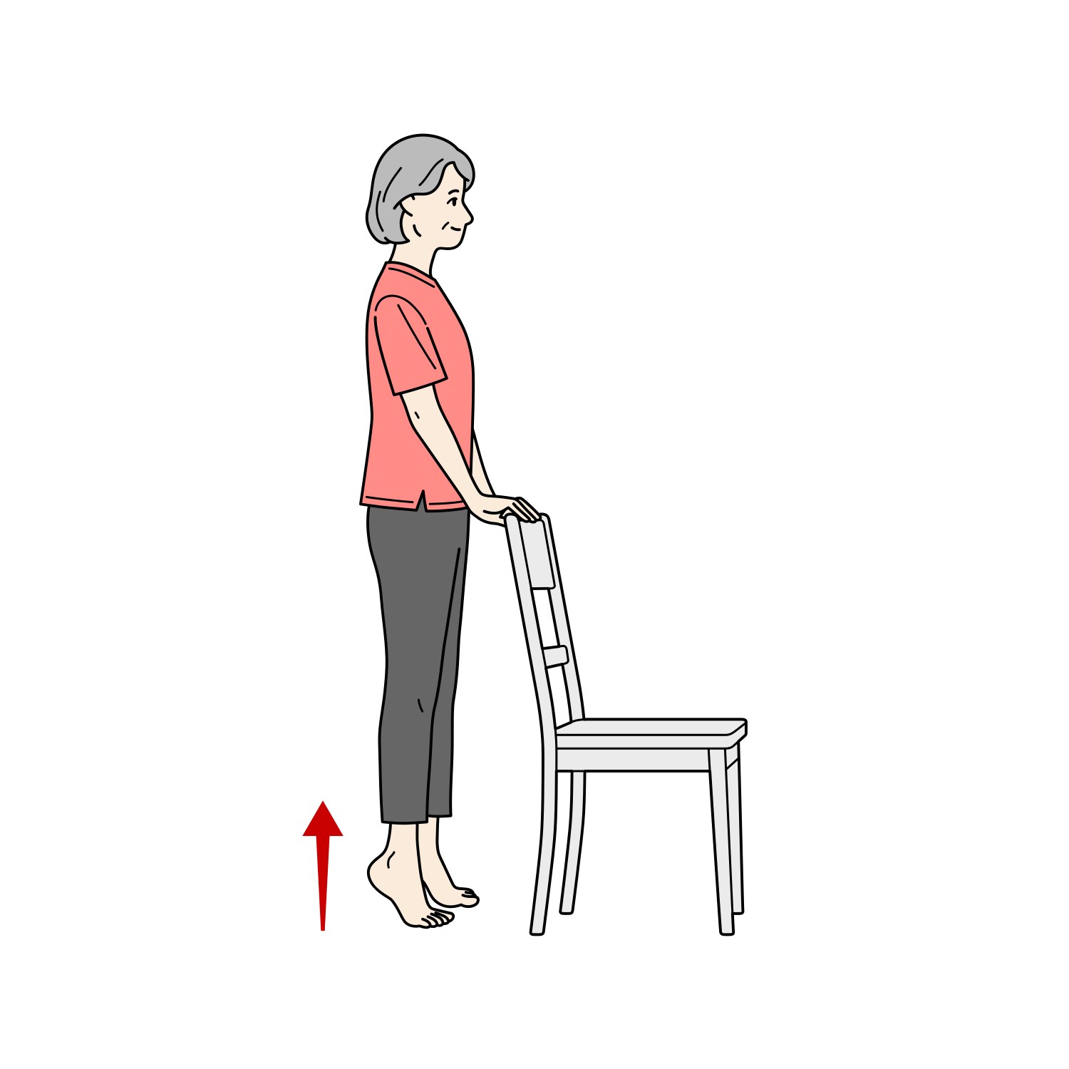 つま先立ち（カーフレイズ）をするシニア女性のイラスト（下肢筋力強化）